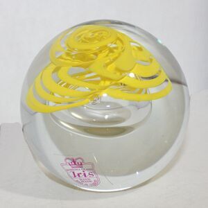 Iris Bohemia Crystal Art Paperweight Yellow Swirls Glass Handmade 12.25" Vintage